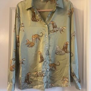 Sage Green Satin Button-Up Shirt with Leopard Print